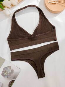 SHEIN Solid Seamless Bra & Panty Lingerie Set - Chocolate Brown - View 2