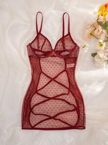 Heart Pattern Mesh Racerback Underwire Nightgown, Sexy For Going Out - Red - View 1