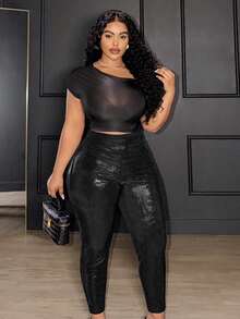 Slaydiva Quần legging bó cạp cao màu đen cỡ lớn dành cho nữ - màu đen - Xem 4