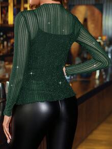 Gownix Women Elegant Sexy Sparkling Gold And Silver Threads Mesh Tops - Dark Green - View 2