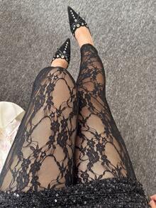 CovetEZ Plus Size Lace Sexy Sheer Tight Pants, Autumn/Winter - Black - View 6