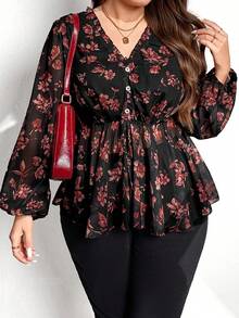 Flouryn Blusa con stampa floreale, scollo a V, maniche a lanterna, orlo con volant, stile peplum, per donne taglia comoda - nero - Visualizzare 3