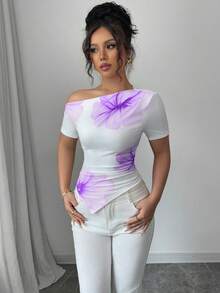 Elenzga Floral Print Fitted Asymmetric Collar Short Sleeve Women T-Shirt - Purple - View 3