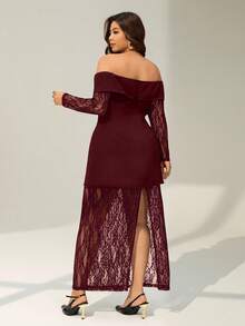 Auralis Plus Size Off Shoulder Solid Color Lace Patchwork Dress - Burgundy - View 2