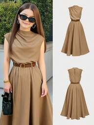 Firerie Kids NovaGlow Tween Mädchen Lässig Chic Pendler Stehkragen Volant Taille Khaki A-Linie Kleid