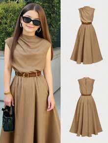 Firerie Kids NovaGlow Tween Girl Tween Girls Casual Chic Commuter Stand Collar Flounce Waist Khaki A-Line Dress