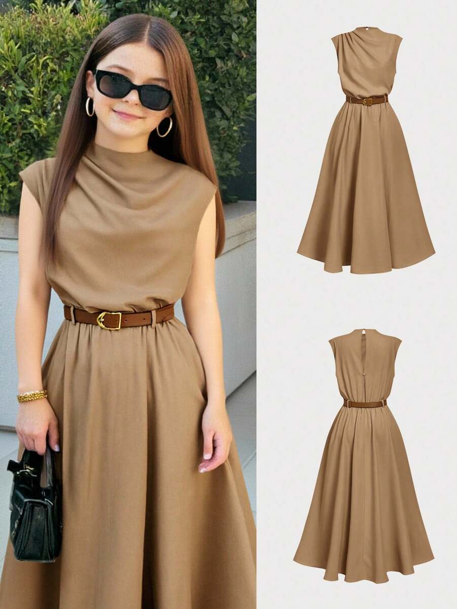 Firerie Kids NovaGlow Tween Girl Tween Girls Casual Chic Commuter Stand Collar Flounce Waist Khaki A-Line Dress