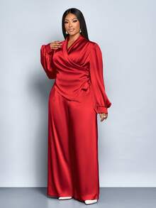 SOLERSUN 秋冬大码女装 初秋女装 杏色梭织亮面面料 日常休闲优雅通勤长袖裹身深V领褶裥不对称下摆修身衬衫上衣 系带打结阔腿裤套装 两件套 - 紅色 - 查看 2