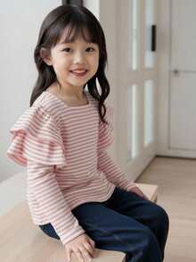 SHEIN 女童基础款条纹T恤，休闲针织面料，适合返校、学习和居家穿着 - 淺粉色 - 查看 6