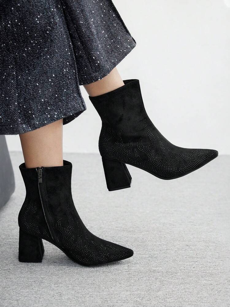 CUCCOO BIZCHIC Women's Fashion Versatile Commuting Rhinestone Embellished Chunky Heel Ankle Boots For Christmas