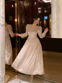 DAZY 优雅收腰连衣裙，V领，天鹅绒衬里，杏色，女士长款舞会礼服 - 杏色 - 查看 7