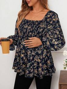 SHEIN Áo cánh tay đèn lồng họa tiết hoa nhỏ xinh dành cho bà bầu, mùa xuân - Màu xanh hải quân - Xem 3