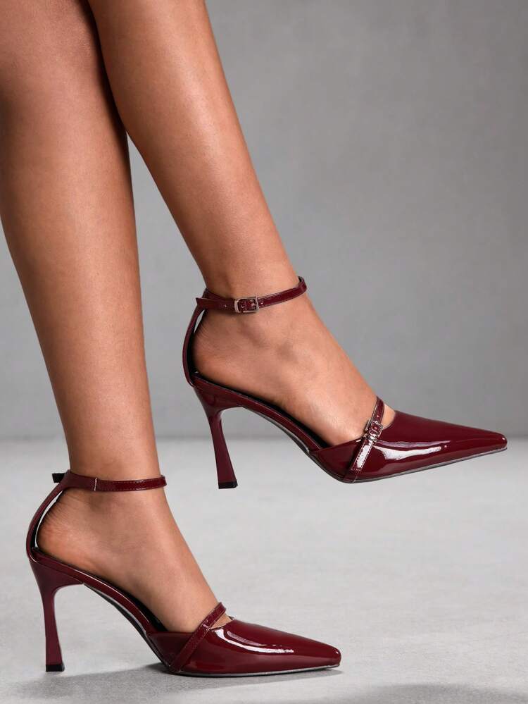 CUCCOO SZL Women's Fashionable Sexy Party Ankle Strap Pointed Toe Buckle Burgundy Pumps For Christmas