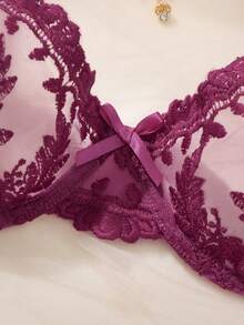 Women's Purple Sheer Babydoll Lingerie Set With Plant Pattern Lace And Spaghetti Straps Bra Set Bras For Women 3 Piece Set Sexy Bra Set 3 Piece Lingerie Set