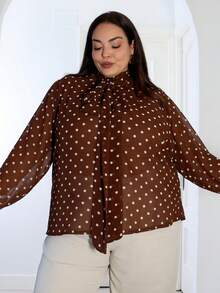 Pretty and Ole Plus Size Coffee Brown Polka Dot Chiffon Blouse, Autumn/Winter Brown Blouses Curvy Blouses Plus Size Western Outfits 70s Outfit Plus Size Chocolate Brown Top - Coffee Brown - View 6