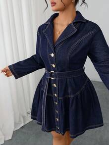 Elenzga Váy denim không co giãn màu xanh navy ôm sát thanh lịch cỡ lớn dành cho nữ, mùa thu/đông - Rửa tối - Xem 1