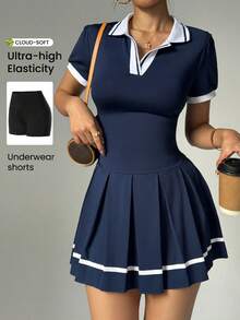 Dewbera 女式撞色绑带V领短袖褶边瑜伽运动连衣裙（含紧身裤） - 藏蓝色 - 查看 2