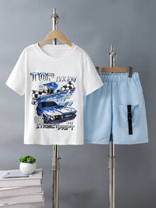 3pcs/Set Boys' Cute Bear Print T-Shirt, Cargo Shorts With Pocket, And Mini Crossbody Bag, Spring/Summer - Baby Blue - View 5