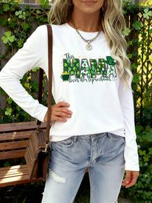 SHEIN Women's Slogan Print Crew Neck Long Sleeve Casual Versatile T-Shirt - White - View 3