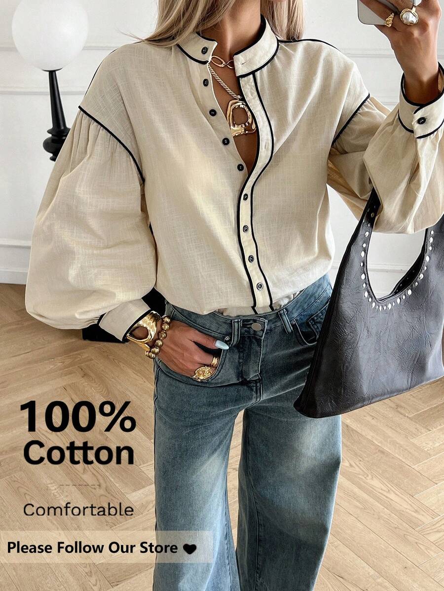 Siren Gaze Women's 100% Cotton Contrast Color Trim Long Sleeve Shirt, Cotton Blouse With Stand Collar, Autumn/Winter, Button Up Blouse, Western Tops, Button Up Top, Western Blouse, Western Button Up Women, Thanksgiving Shirt, Casual Blouses For Women, School Shirt, Elegant Women's Blouses