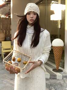 DAZY 女式韩版常规领休闲长袖毛衣和裙子两件套秋冬 - 米色 - 查看 12