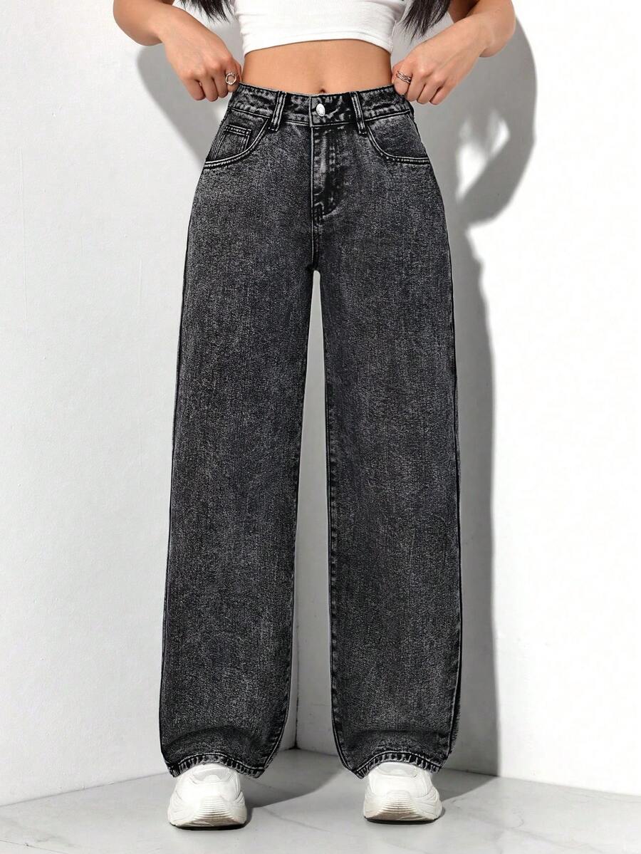 SHEIN PETITE Quần jeans ống đứng giặt thường ngày dành cho nữ - Màu xám đen - Xem 1