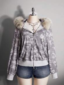 SHEIN ICON Áo nỉ rộng cổ lông họa tiết rằn ri cỡ lớn cho nữ - Xám - Xem 8