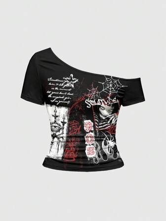 Maglietta da donna vintage con stampa anime, occhio di fiamma, stile gotico, spalla asimmetrica e sexy