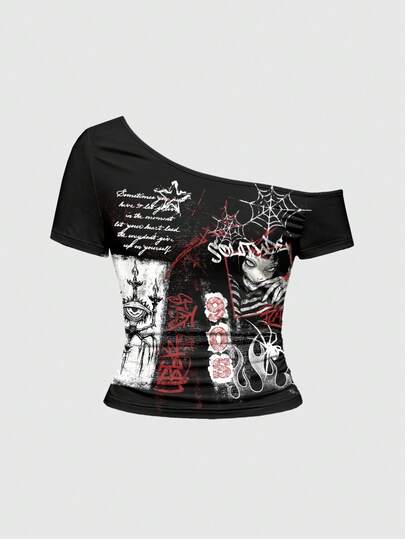 Maglietta da donna vintage con stampa anime, occhio di fiamma, stile gotico, spalla asimmetrica e sexy