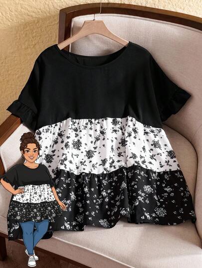 Rusticease 大码休闲度假撞色碎花衬衫，休闲假日风，休闲假日穿搭，夏季时尚，女士夏季穿搭，母亲节穿搭，乡村音乐会穿搭，女士波西米亚风穿搭，女士西部风穿搭，女士假日穿搭，女士夏季服装，大码女装，商务休闲女装，女士夏季服装，大码女装，正式场合穿搭