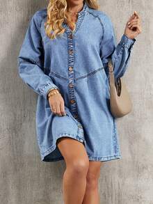 EMERY ROSE Women's V-Neck Raglan Sleeve Single-Breasted Casual Denim Dress - Blue - View 8