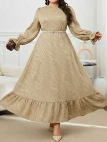Modelyn Váy maxi Ả Rập dài tay thanh lịch viền bèo nhún màu trơn cỡ lớn dành cho nữ - Màu Khaki - Xem 2