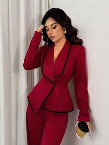 SHEIN Tall 两件套女士时尚撞色修身外套+纯色裤子套装 - 紅色 - 查看 4