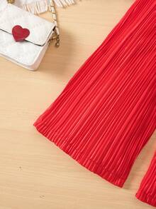 2pcs Young Girl Elegant Red Fashion Vest & Pleated Long Pants Set,Summer 7th Birthday Casual Outfit For Girls Button Top Collar Two Piece Outfit - Red - View 5