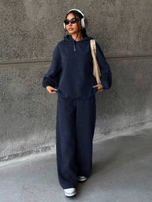 2件套少女海军蓝宽松连帽卫衣+裤子，休闲百搭时尚套装 - 藏蓝色 - 查看 6