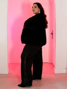 Pretty and Ole Abrigo de felpa de unicolor en talla grande, para otoño/invierno - Negro - Ver 4