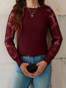SHEIN Clasi Women's Casual Burgundy Rib-Knit Round Neck Top With Sheer Floral Raglan Long Sleeves - Burgundy - View 6