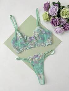 SHEIN Romantic Embroidery Color-Block Bowknot Decoration Bra And Thong Set With Underwire, Lingerie - Green - View 4