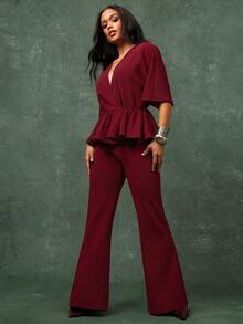 Vixey Burgundy Textured Deep V Neck Wide Wide Quarter Sleeve Peplum Office Top - Burgundy - View 4
