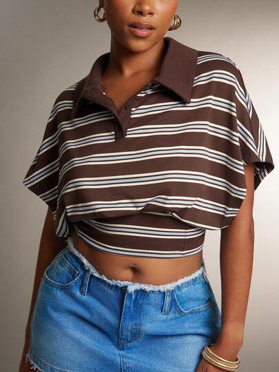 Denimoi Cinched Waist Collared Striped Polo Top Fashionable Tops Collared Top