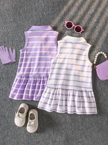 SHEIN Playful Pals 2 chiếc váy polo không tay, kiểu dáng thể thao năng động cho bé gái, màu tím oải hương và trắng sọc ngang, thêu logo ngựa, cổ bẻ, cài nút, eo thấp, viền bèo nhún, chất liệu mềm mại, thích hợp mặc hàng ngày đi học, chơi tennis, golf, nghỉ hè và xuân. - Nhiều màu - Xem 8