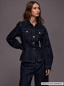 MUSERA 收腰弧形下摆撞色缝线牛仔外套套装上衣（仅上衣）秋季/冬季/夜间外出/街头风/可爱/返校/性感/无袖时尚 - 藏蓝色 - 查看 1