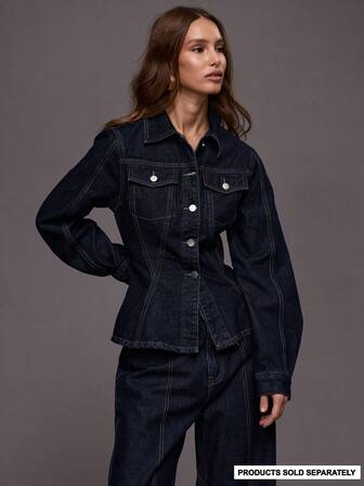 MUSERA Cinched Waist Curved Hem Contrast Stitch Denim Jacket Co-Ord Top Only Autumn Fall Winter Night Out Going Out Streetwear Cute Back To School Sexy Uncut  Chic