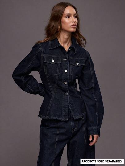 MUSERA Cinched Waist Curved Hem Contrast Stitch Denim Jacket Co-Ord Top Only Autumn Fall Winter Night Out Going Out Streetwear Cute Back To School Sexy Uncut  Chic