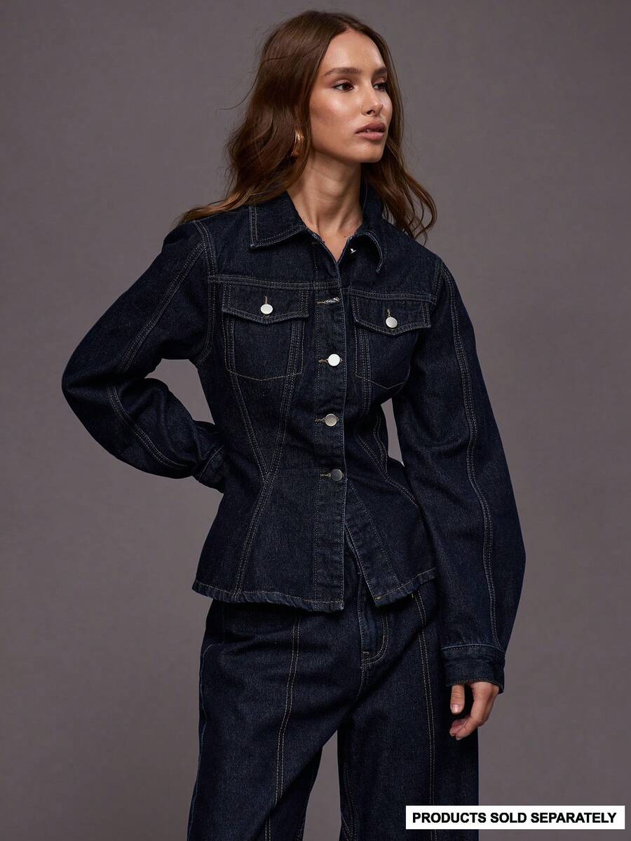 MUSERA 收腰弧形下摆撞色缝线牛仔外套套装上衣（仅上衣）秋季/冬季/夜间外出/街头风/可爱/返校/性感/无袖时尚 - 藏蓝色 - 查看 1