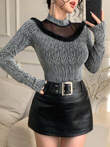 DAZY Women's Mesh Patchwork Stand Collar Long Sleeve Furry Decor Fitted Fashion T-Shirt - Black - View 2