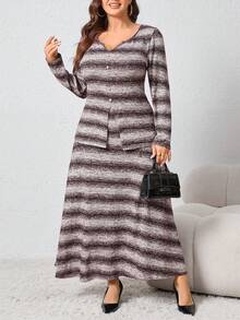 Modelyn Plus Size Women 2-Piece Set: Striped Knit Sweater With Decorative Buttons & Minimalist Skirt, Elegant & Fashionable, Suitable For Spring/Autumn - Brown - View 6