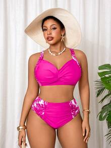 Slaydiva Plus Size High Waist Ruffle Bikini Top,Triangle Bottoms 2 Pieces Swimwear Set,Tummy Control Curve Bathing Suit,Hot Pink,Summer,Beach,Vacation,Holiday - Hot Pink - View 4