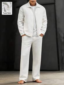 OTTIMOZO Bộ áo khoác nam màu trắng kiểu dáng dệt kim, bộ đồ thể thao 2 mảnh nam, bộ đồ đường phố màu trắng, bộ đồ hai mảnh bằng vải lanh cho nam, trang phục 2 mảnh màu trắng kiểu cổ điển cho nam giới, thích hợp cho sinh hoạt hàng ngày, những chuyến đi cuối tuần, hoạt động ngoài trời, du lịch, môi trường làm việc thoải mái hoặc các dịp bán trang trọng, quà tặng cho bạn trai/chồng, quà kỷ niệm, quà tặng tiệc tùng, quà Giáng sinh. - trắng - Xem 4