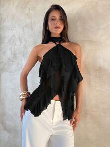 Aloruh Women's Elegant Multi-Layer Ruffle Trim Stand Collar Fitted Tank Top,Tank Top,Black Top - Black - View 7